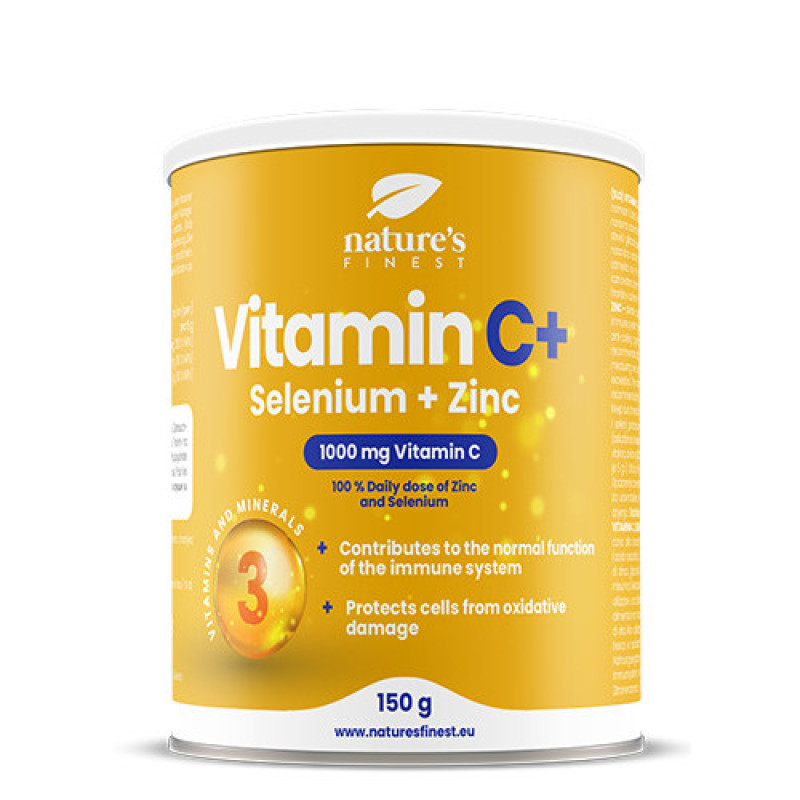 Nature's finest Cink + Selen + Vitamin C. Unikāla imunitātes stiprināšanas formula - augstas dozācijas C vitamīnas ar cinku un selēnu. Bez cukura. 150g